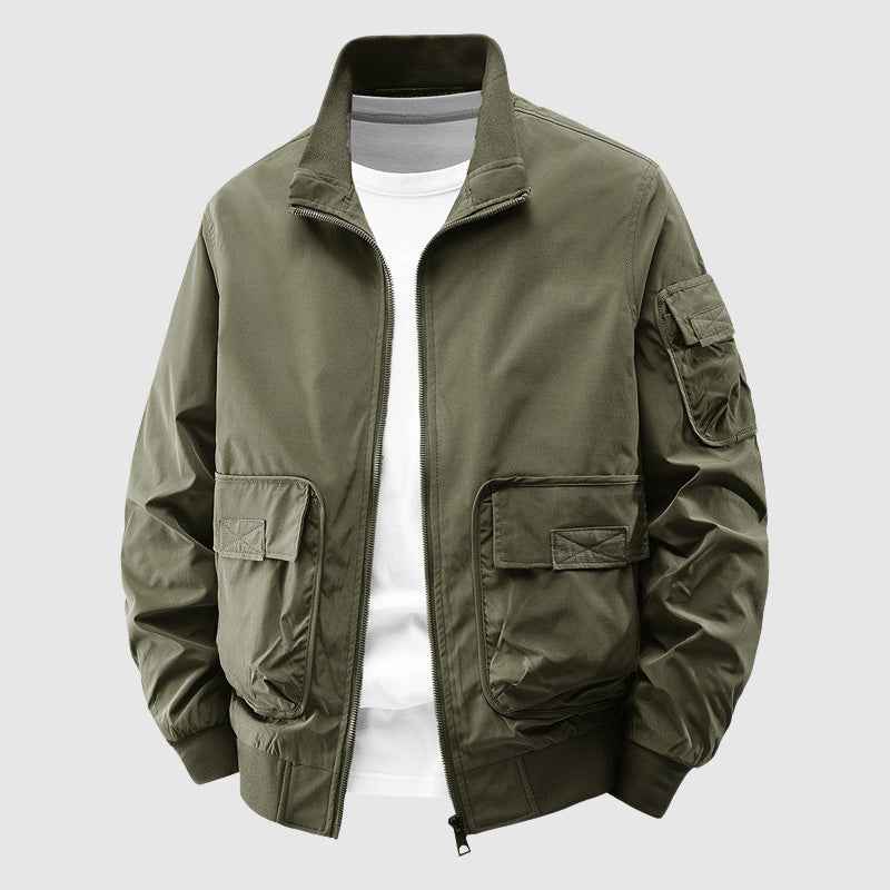 Men's Relaxed Fit Outdoor Jacket with Stand Collar and Ribbed Trim Green