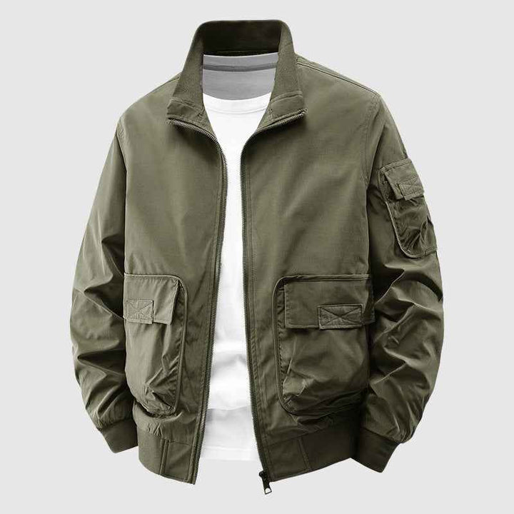 Men's Relaxed Fit Outdoor Jacket with Stand Collar and Ribbed Trim Green