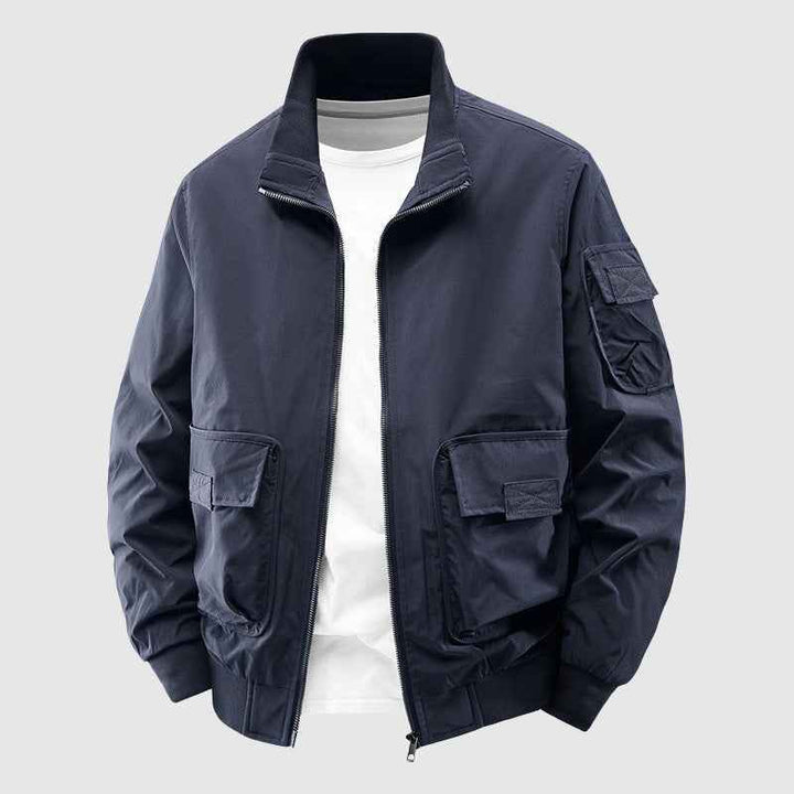 Men's Relaxed Fit Outdoor Jacket with Stand Collar and Ribbed Trim Blue