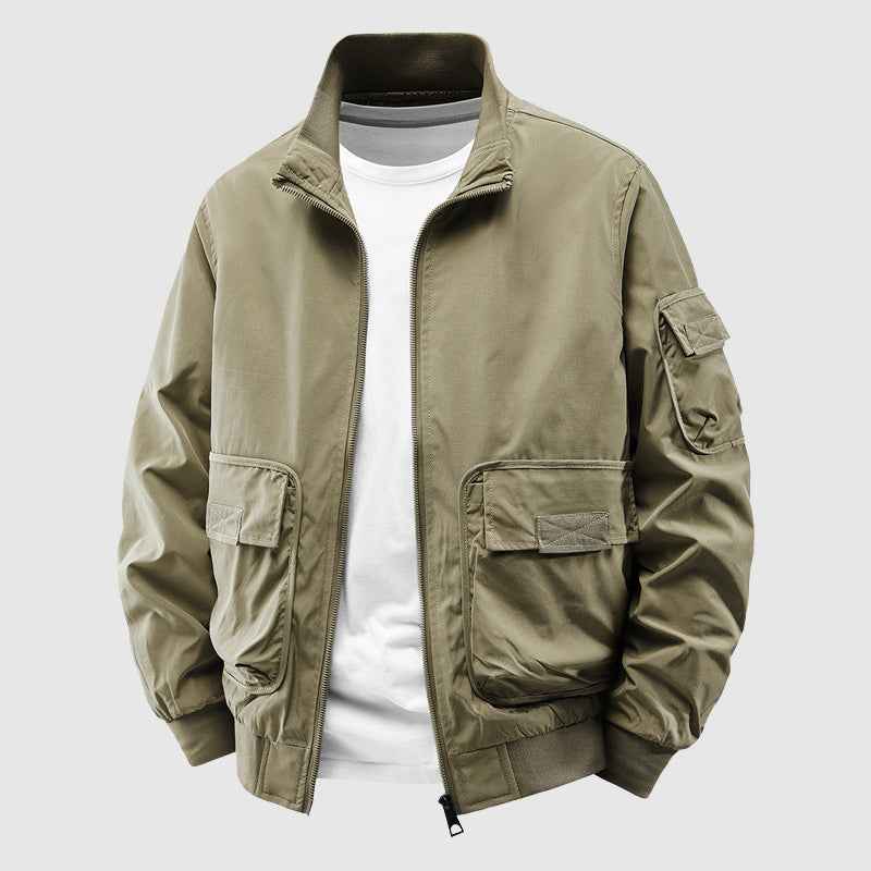 Men's Relaxed Fit Outdoor Jacket with Stand Collar and Ribbed Trim Khaki