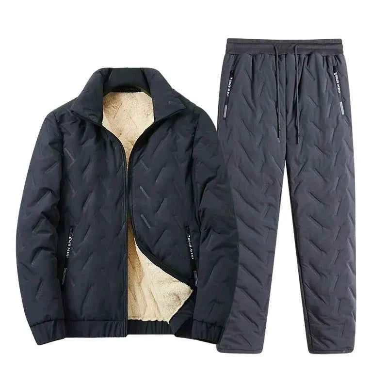 Men's Relaxed Fit Padded Jacket and Trousers Set with Lambskin Lining and Full Zipper Grey