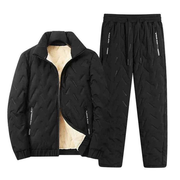 Men's Relaxed Fit Padded Jacket and Trousers Set with Lambskin Lining and Full Zipper Black