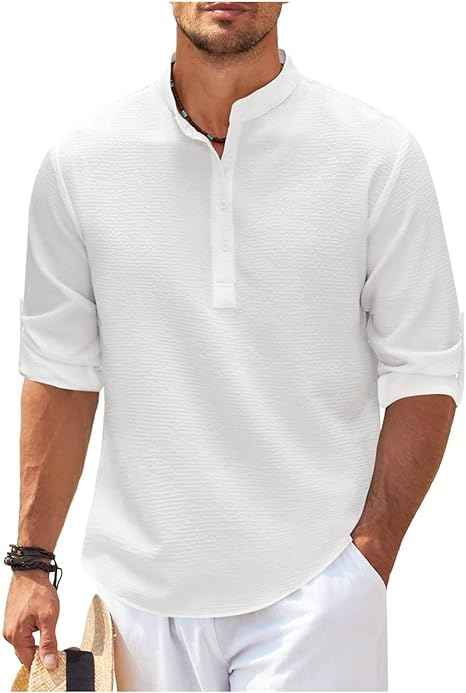 Men's Relaxed Fit Shirt – Band Collar – Breathable Fabric – Short Button Placket White