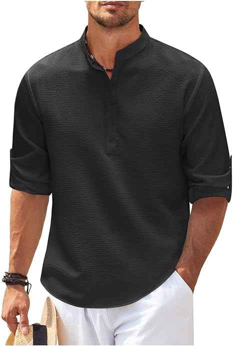 Men's Relaxed Fit Shirt – Band Collar – Breathable Fabric – Short Button Placket Black