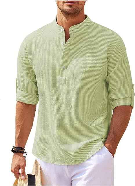 Men's Relaxed Fit Shirt – Band Collar – Breathable Fabric – Short Button Placket Light Green