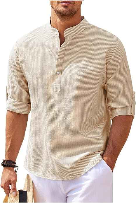 Men's Relaxed Fit Shirt – Band Collar – Breathable Fabric – Short Button Placket Beige