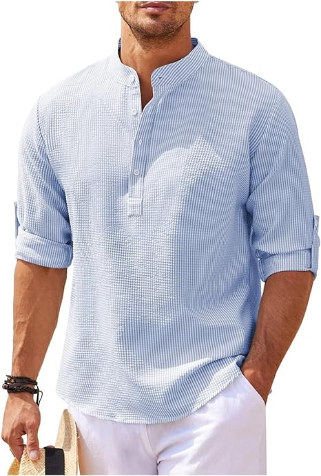 Men's Relaxed Fit Shirt – Band Collar – Breathable Fabric – Short Button Placket Blue