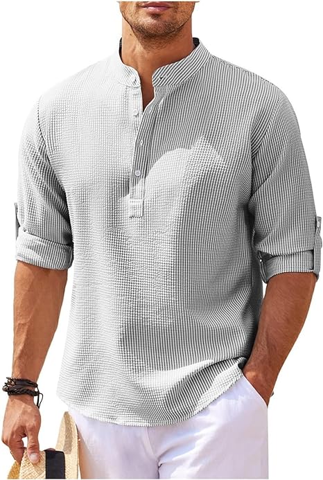 Men's Relaxed Fit Shirt – Band Collar – Breathable Fabric – Short Button Placket Light Grey