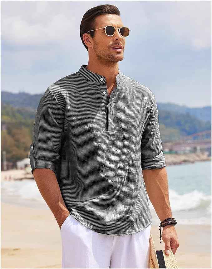 Men's Relaxed Fit Shirt – Band Collar – Breathable Fabric – Short Button Placket Grey