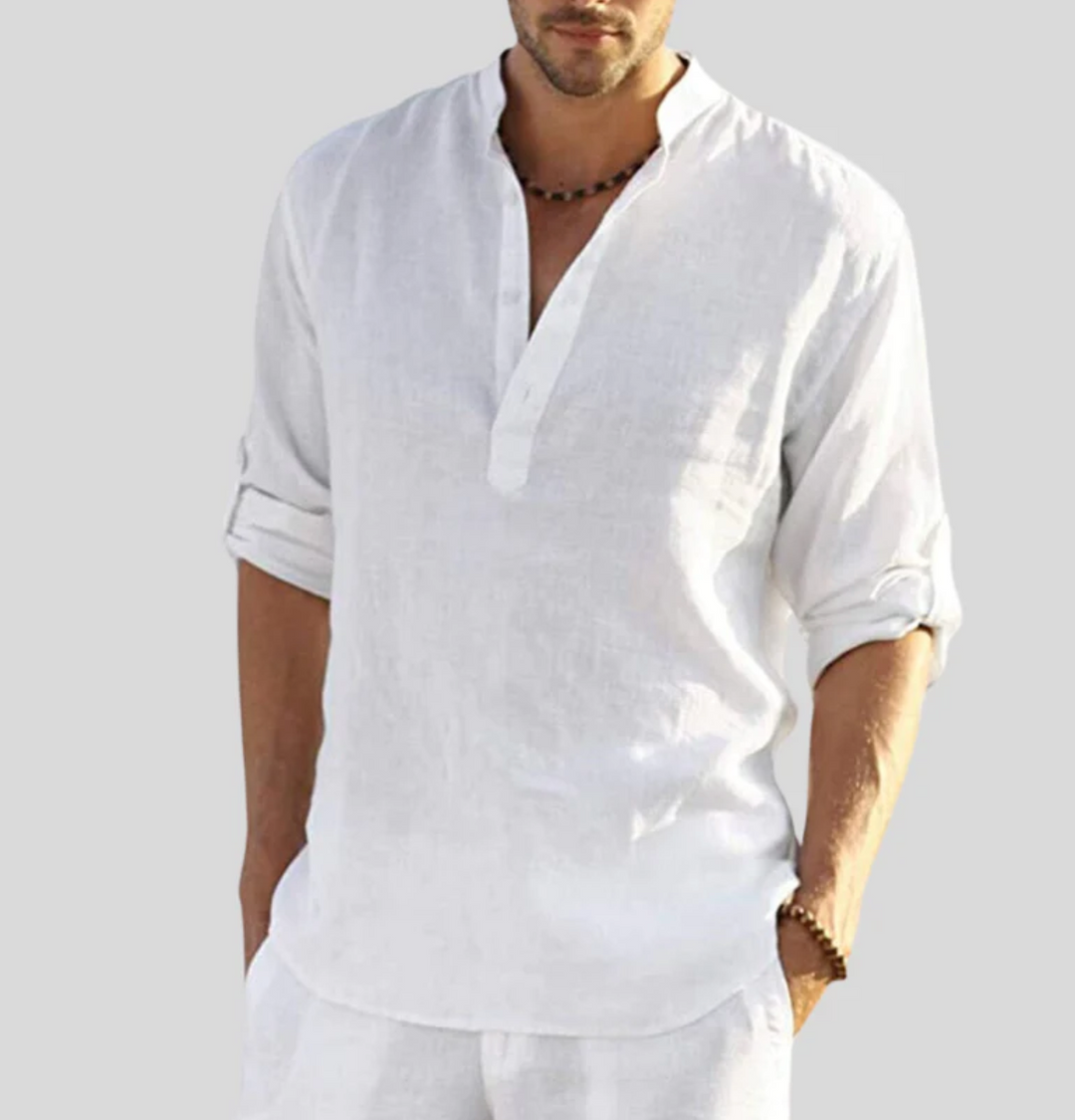 Men's Relaxed Fit Shirt – Breathable Fabric – Long Sleeve – Mandarin Collar White