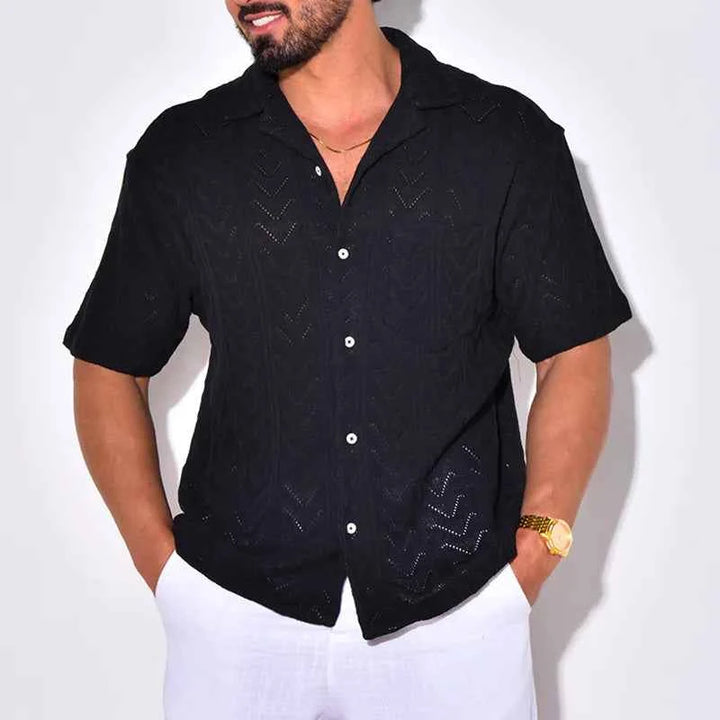 Men's Relaxed Fit Shirt – Jacquard Texture – Soft Breathable Knit – Short Sleeve Black