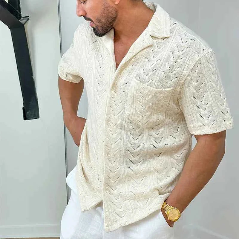 Men's Relaxed Fit Shirt – Jacquard Texture – Soft Breathable Knit – Short Sleeve Beige