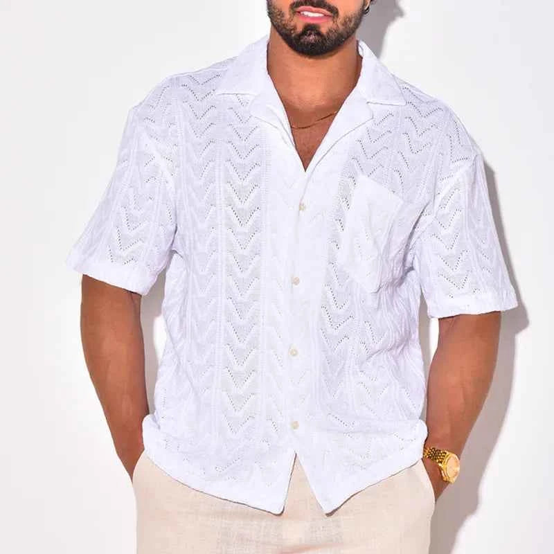 Men's Relaxed Fit Shirt – Jacquard Texture – Soft Breathable Knit – Short Sleeve White
