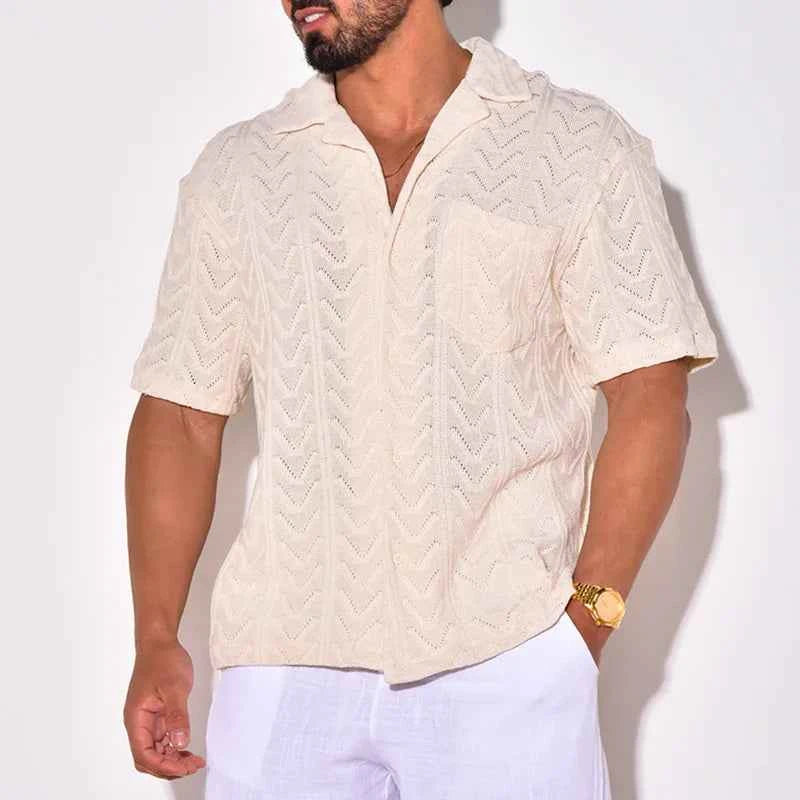 Men's Relaxed Fit Shirt – Jacquard Texture – Soft Breathable Knit – Short Sleeve Pink