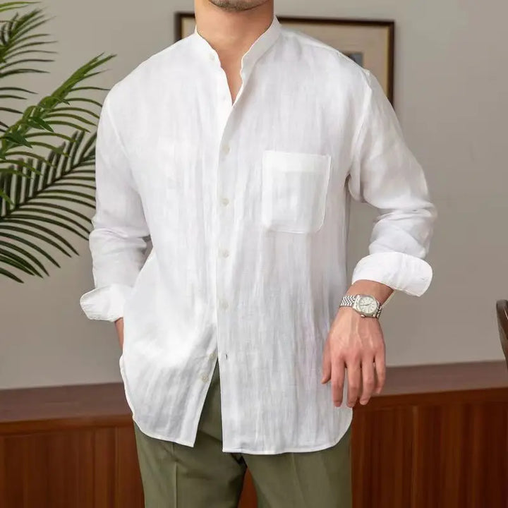 Men's Relaxed Fit Shirt – Long Sleeve – Natural Fabric – Mandarin Collar White Long Sleeve