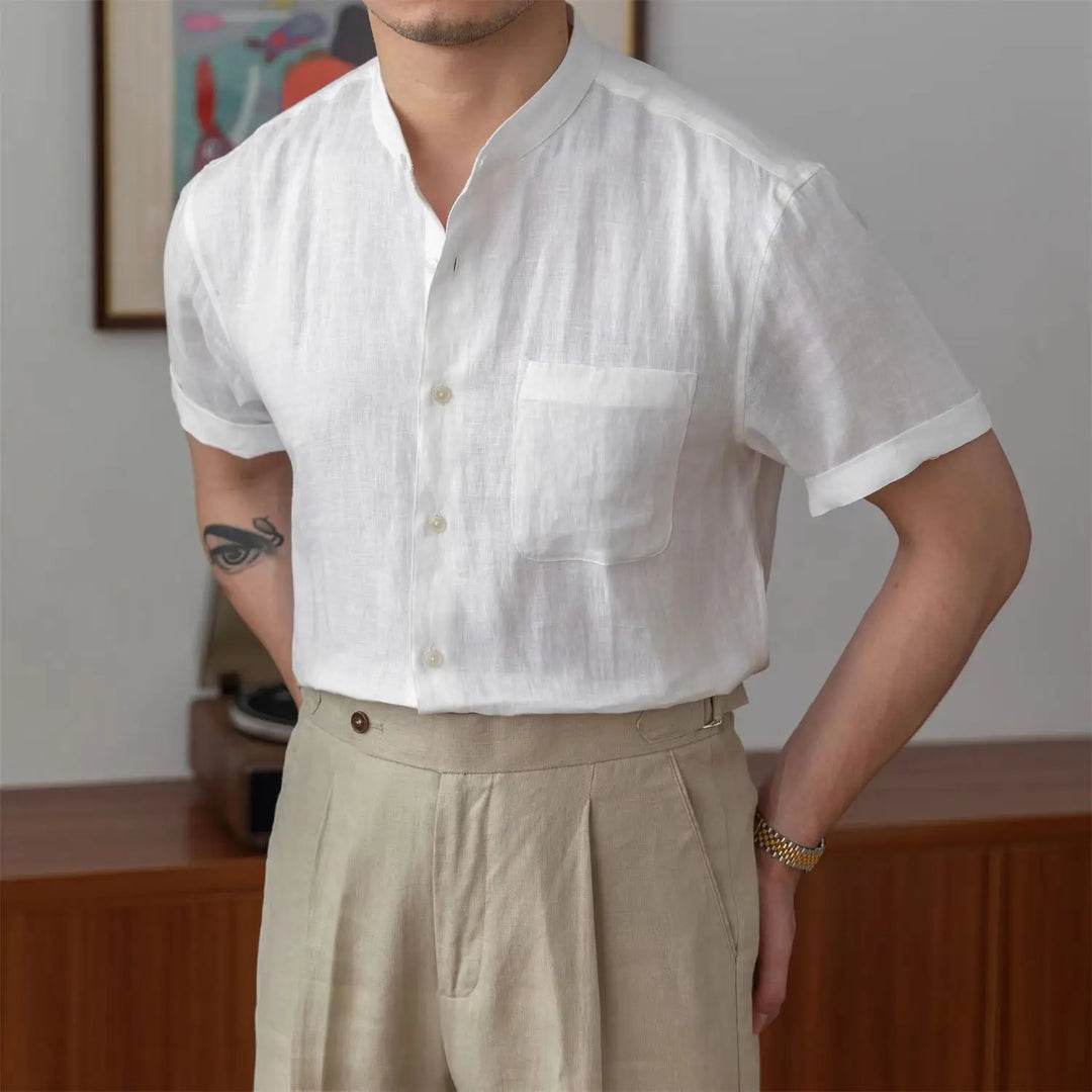 Men's Relaxed Fit Shirt – Long Sleeve – Natural Fabric – Mandarin Collar White Short Sleeve