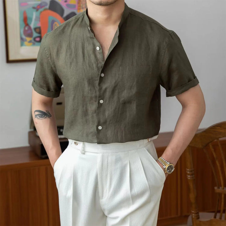 Men's Relaxed Fit Shirt – Long Sleeve – Natural Fabric – Mandarin Collar Green Short Sleeve