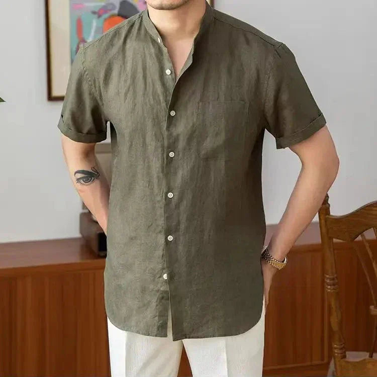 Men's Relaxed Fit Shirt – Long Sleeve – Natural Fabric – Mandarin Collar