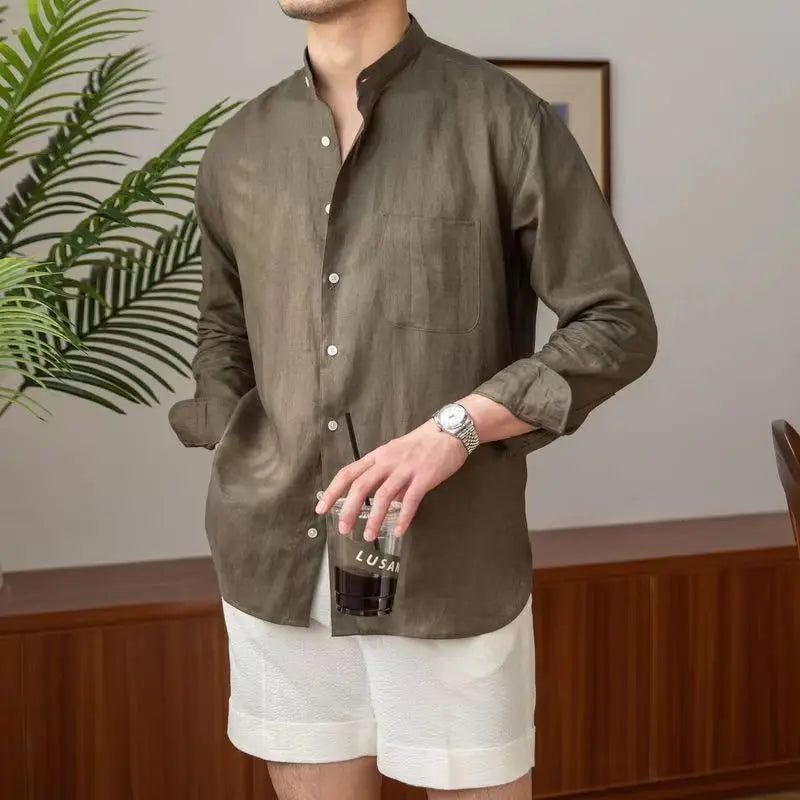 Men's Relaxed Fit Shirt – Long Sleeve – Natural Fabric – Mandarin Collar Green Long Sleeve
