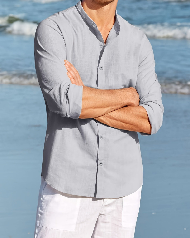 Men's Relaxed Fit Shirt – Long Sleeve – Natural Fabrics – Mandarin Collar Light Grey