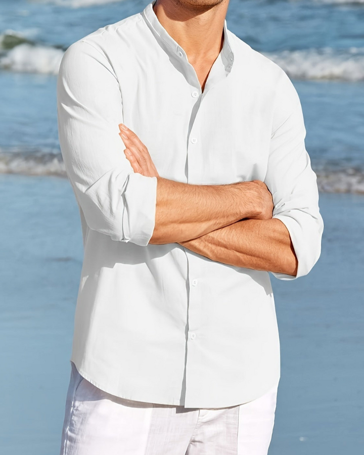 Men's Relaxed Fit Shirt – Long Sleeve – Natural Fabrics – Mandarin Collar White