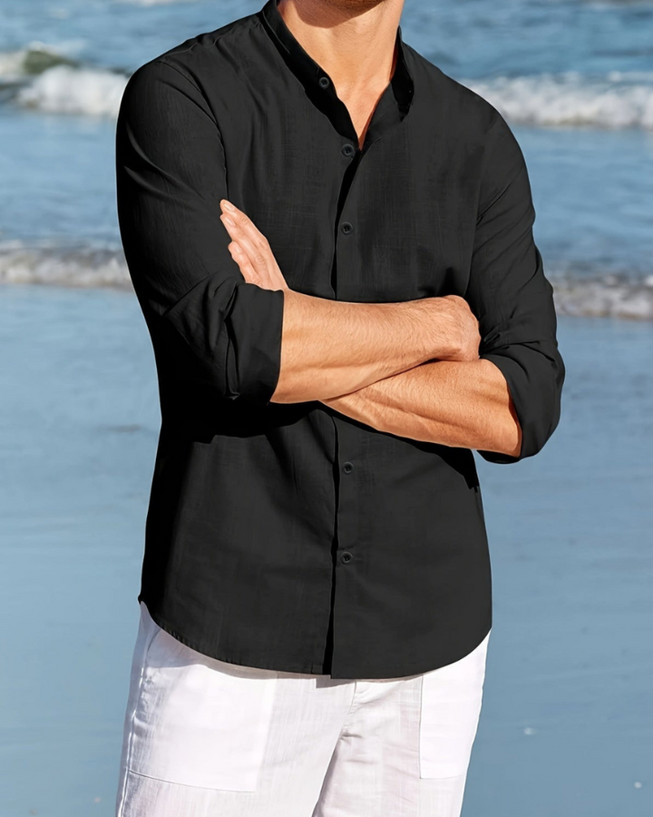 Men's Relaxed Fit Shirt – Long Sleeve – Natural Fabrics – Mandarin Collar Black