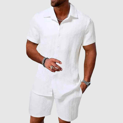 Men's Relaxed Fit Shirt Shorts Set Short Sleeves Breathable Luxury White