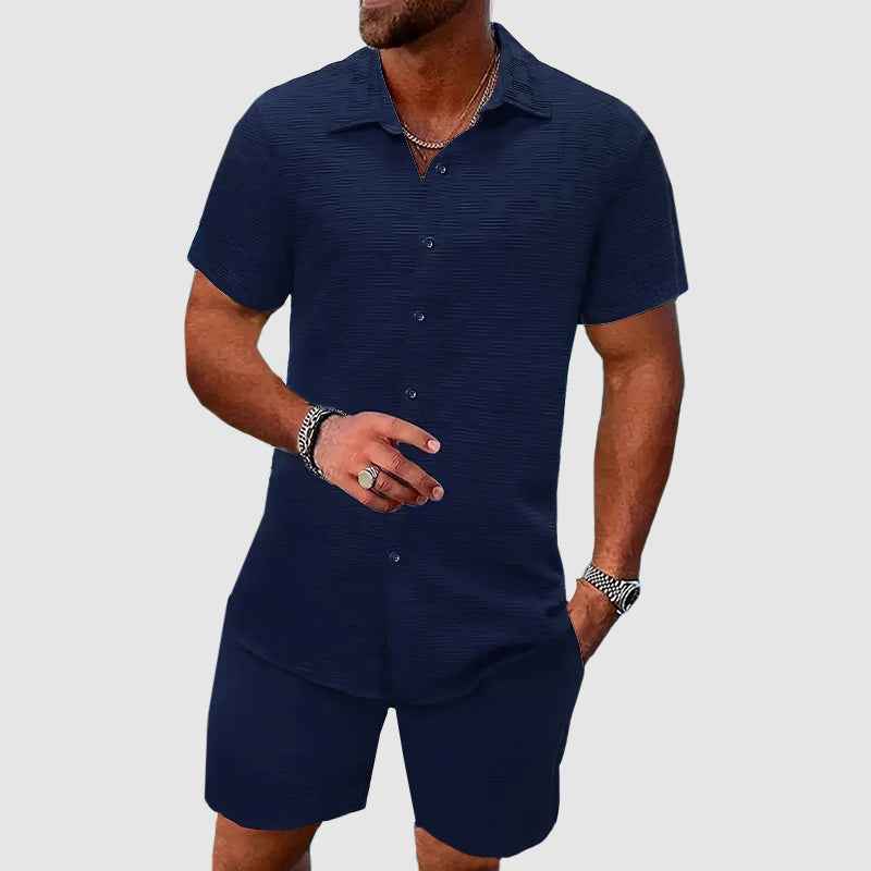 Men's Relaxed Fit Shirt Shorts Set Short Sleeves Breathable Luxury Blue