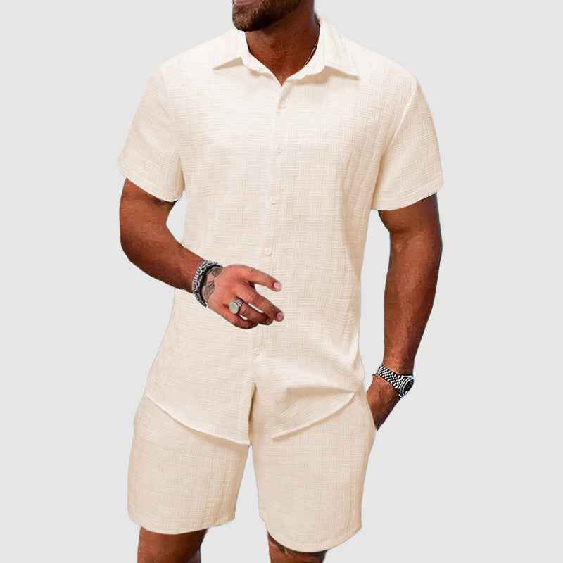 Men's Relaxed Fit Shirt Shorts Set Short Sleeves Breathable Luxury Beige