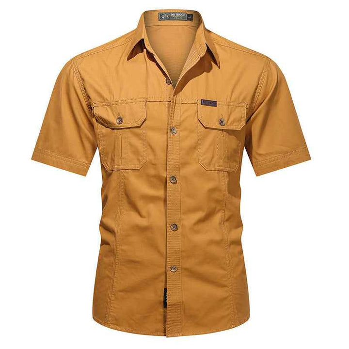 Men's Relaxed Fit Short Sleeve Button-Up Shirt – Cotton Blend with Chest Pockets Turmeric