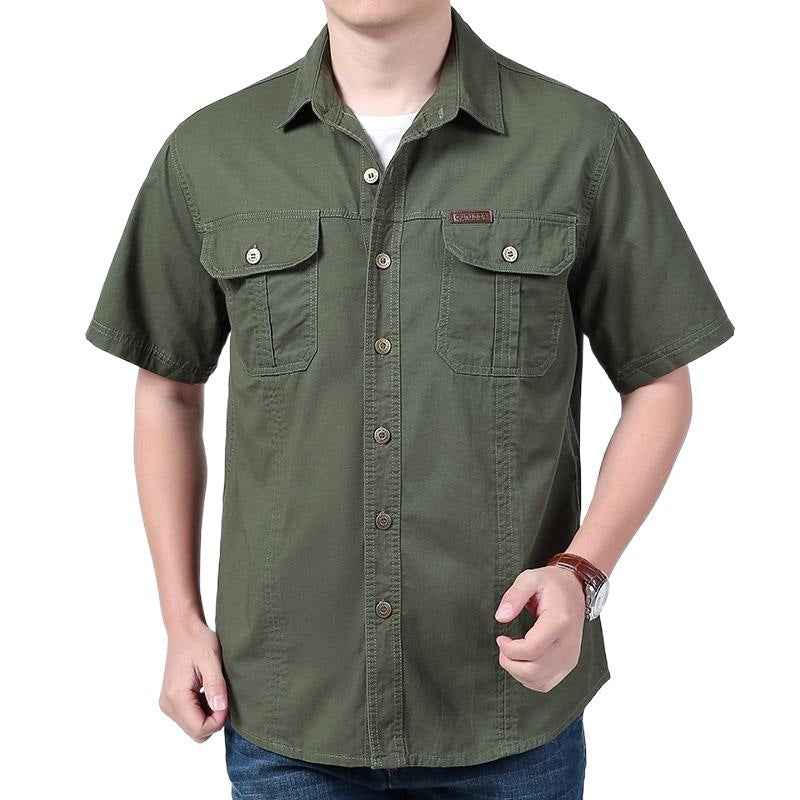 Men's Relaxed Fit Short Sleeve Button-Up Shirt – Cotton Blend with Chest Pockets Green