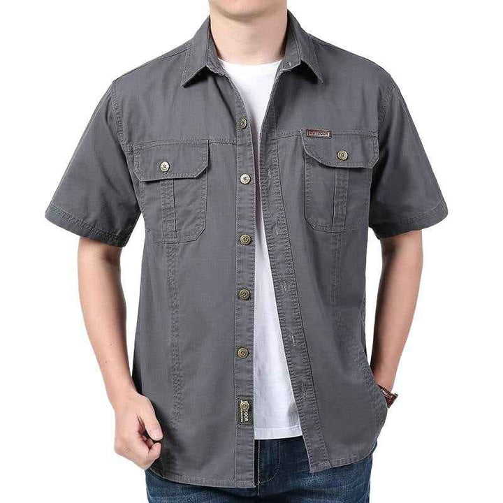 Men's Relaxed Fit Short Sleeve Button-Up Shirt – Cotton Blend with Chest Pockets Grey