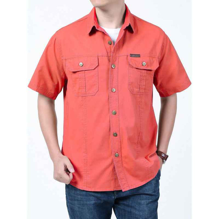 Men's Relaxed Fit Short Sleeve Button-Up Shirt – Cotton Blend with Chest Pockets Red