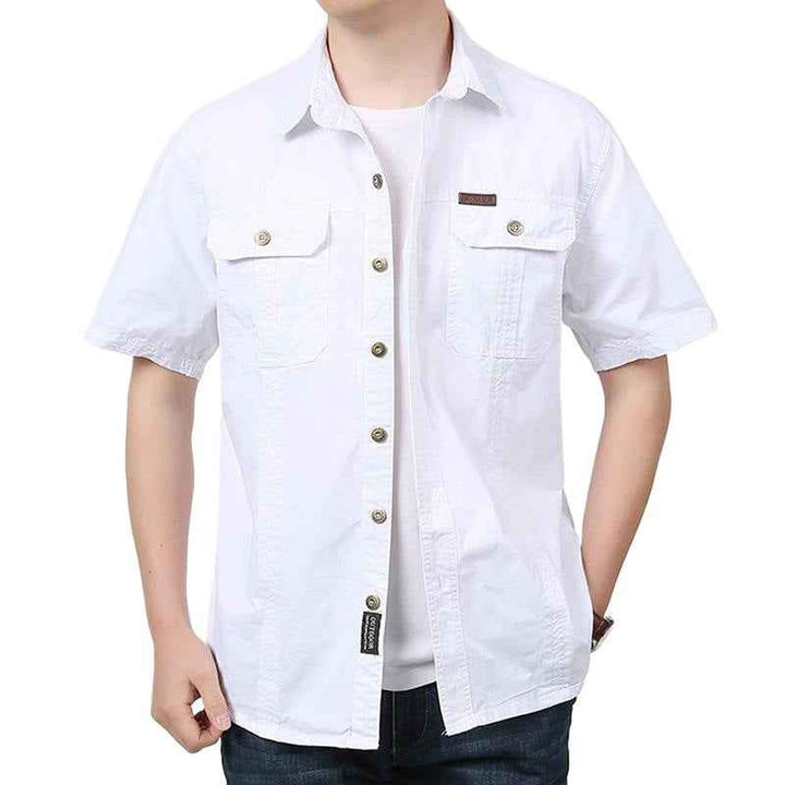 Men's Relaxed Fit Short Sleeve Button-Up Shirt – Cotton Blend with Chest Pockets White