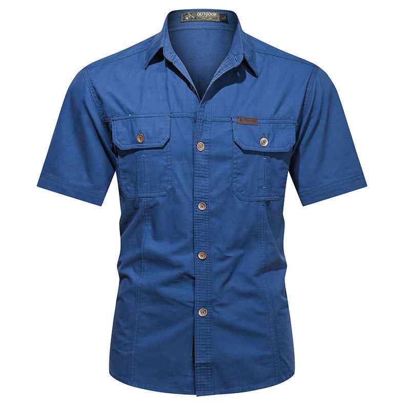Men's Relaxed Fit Short Sleeve Button-Up Shirt – Cotton Blend with Chest Pockets Denim Blue