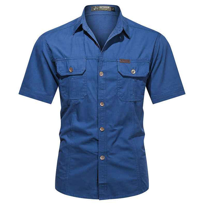 Men's Relaxed Fit Short Sleeve Button-Up Shirt – Cotton Blend with Chest Pockets Denim Blue