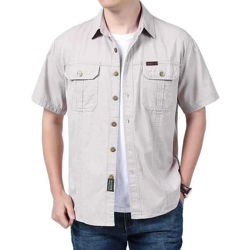 Men's Relaxed Fit Short Sleeve Button-Up Shirt – Cotton Blend with Chest Pockets Off-white