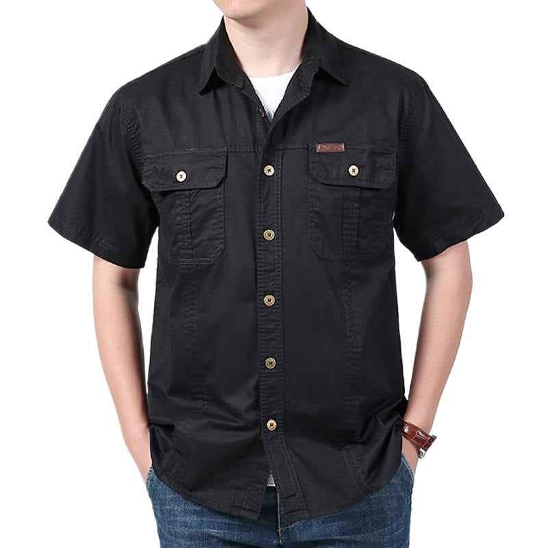 Men's Relaxed Fit Short Sleeve Button-Up Shirt – Cotton Blend with Chest Pockets Black