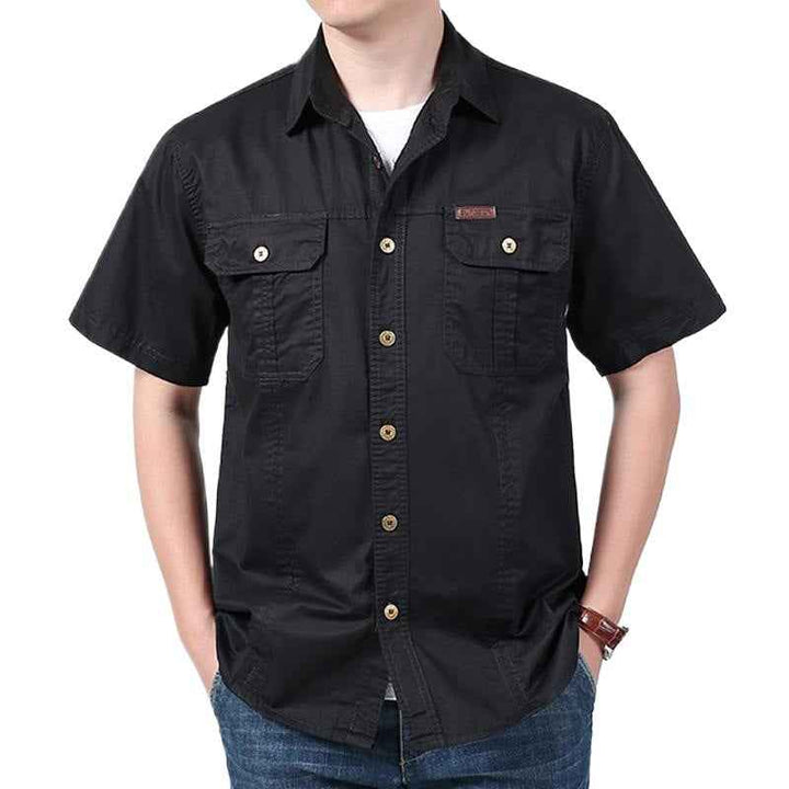 Men's Relaxed Fit Short Sleeve Button-Up Shirt – Cotton Blend with Chest Pockets Black