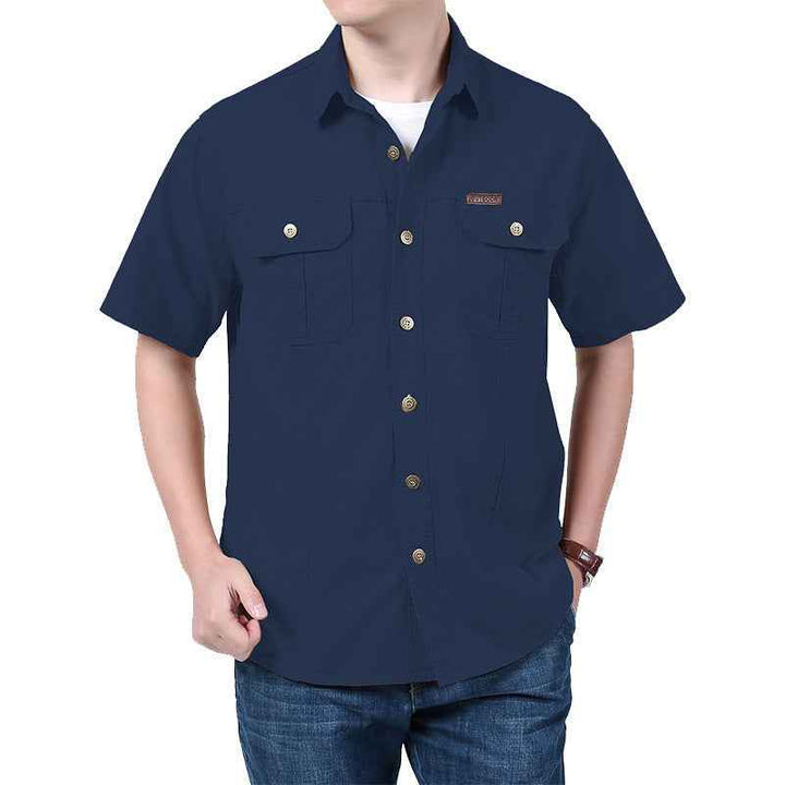 Men's Relaxed Fit Short Sleeve Button-Up Shirt – Cotton Blend with Chest Pockets Dark Blue