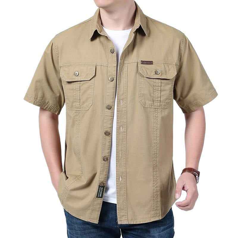 Men's Relaxed Fit Short Sleeve Button-Up Shirt – Cotton Blend with Chest Pockets Khaki
