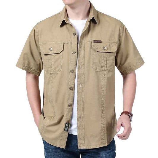 Men's Relaxed Fit Short Sleeve Button-Up Shirt – Cotton Blend with Chest Pockets Khaki