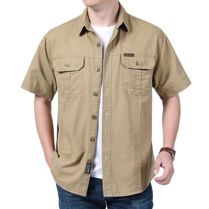 Men's Relaxed Fit Short Sleeve Button-Up Shirt – Cotton Blend with Chest Pockets Khaki