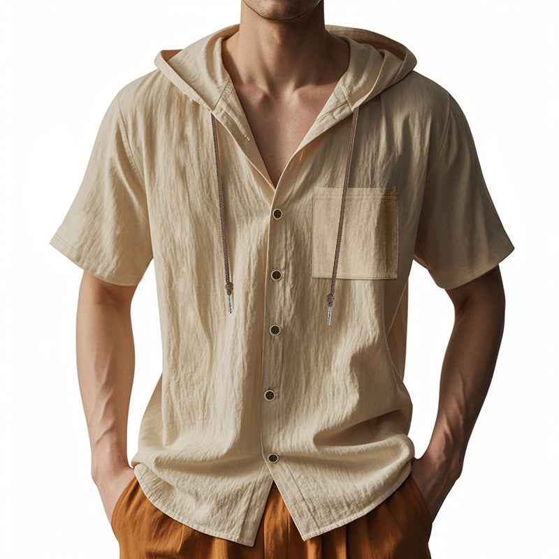Men's Relaxed Fit Short Sleeve Hooded Shirt – Linen Blend – Button Closure