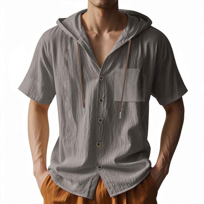 Men's Relaxed Fit Short Sleeve Hooded Shirt – Linen Blend – Button Closure