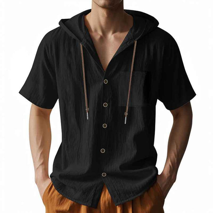 Men's Relaxed Fit Short Sleeve Hooded Shirt – Linen Blend – Button Closure