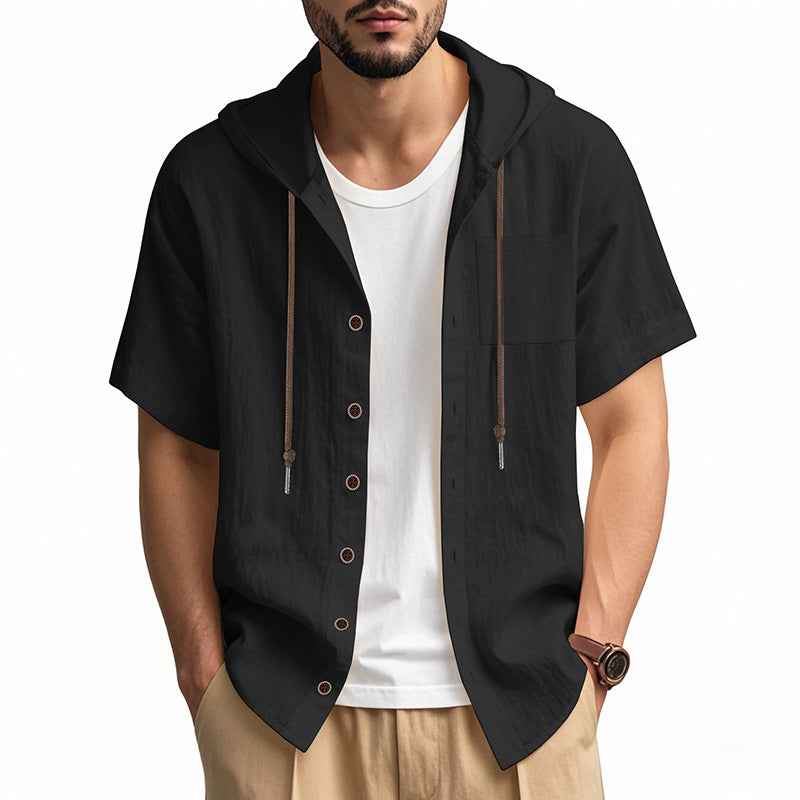Men's Relaxed Fit Short Sleeve Hooded Shirt – Linen Blend – Button Closure Black