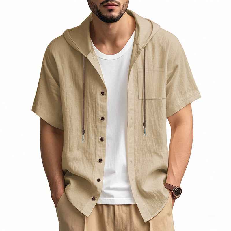 Men's Relaxed Fit Short Sleeve Hooded Shirt – Linen Blend – Button Closure Off-white