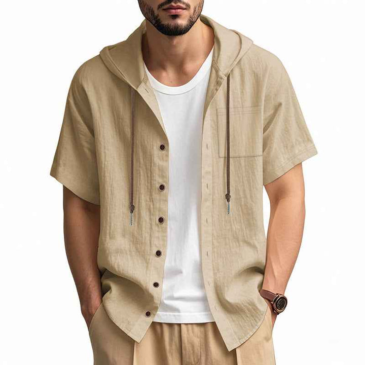 Men's Relaxed Fit Short Sleeve Hooded Shirt – Linen Blend – Button Closure Off-white