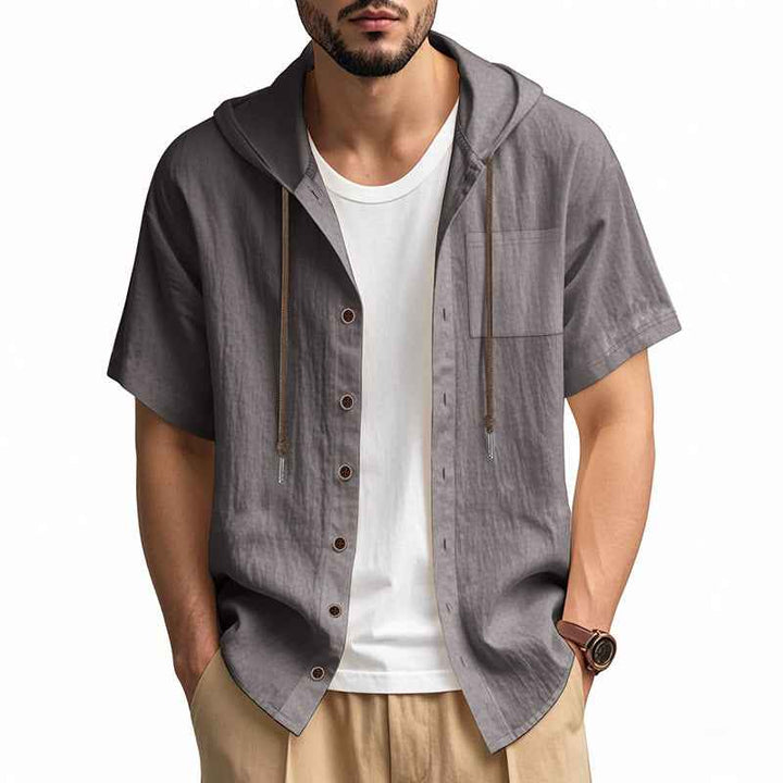 Men's Relaxed Fit Short Sleeve Hooded Shirt – Linen Blend – Button Closure Grey